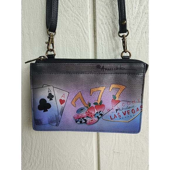 Anna Anuschka Hand Painted Leather VEGAS Bag Crossbody Purse Clutch RIFD Blocker - Picture 9 of 16